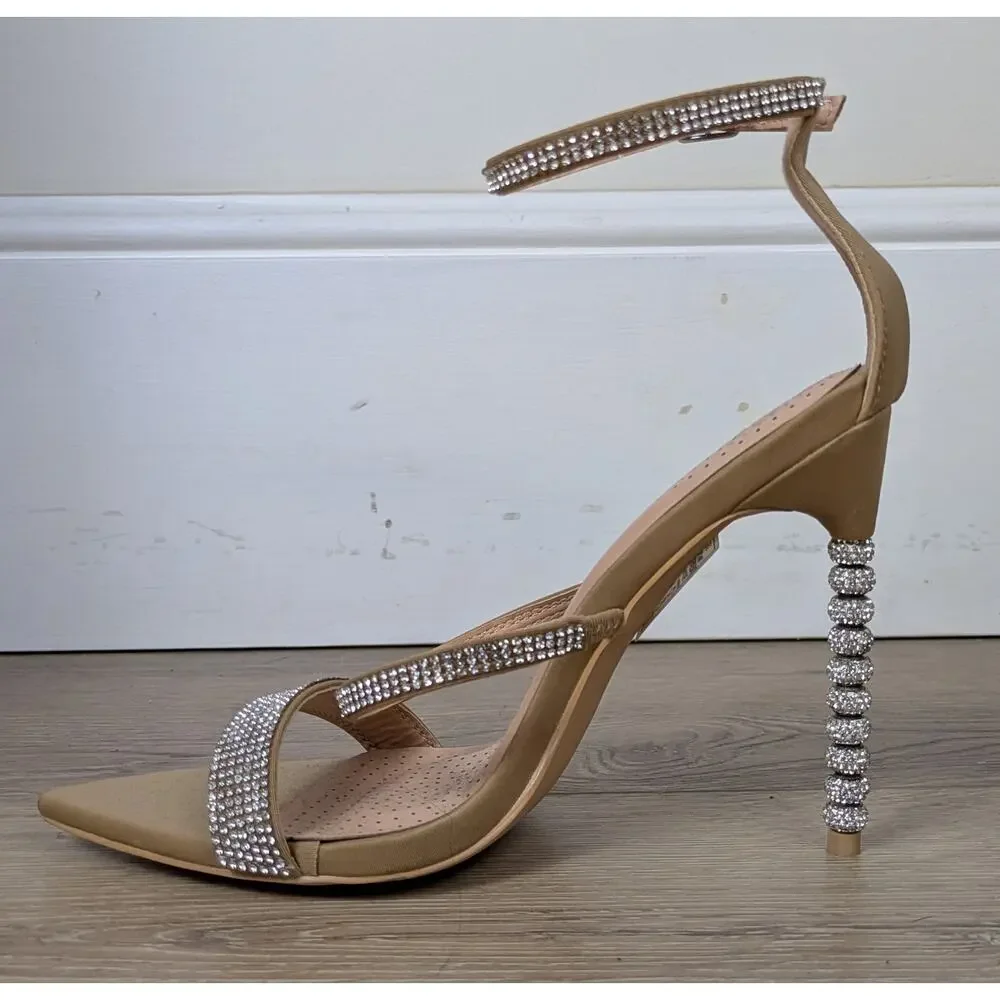 Azalea Wang Galaxy Heels 6 Nude Strappy Rhinestone Wrapped Stiletto Dressy NEW